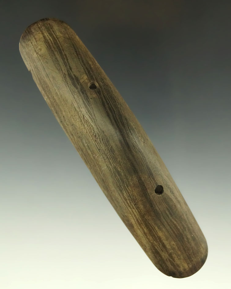 4 13/16" Deeply Scooped Banded Slate Boatstone that is perforated, Putnam Co., Ohio. Ex. Brooks.