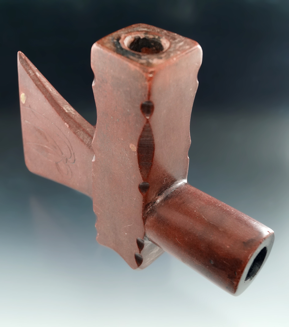 5 1/4" Catlinite Tomahawk pipe with nice etchings on Axe head.