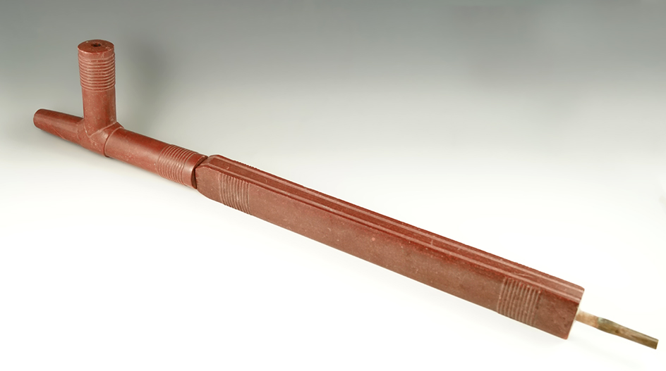 Huge! 23 1/2" two section Catlinite pipe.   Ex. Gary Fogelman, E. M. Parker collections.