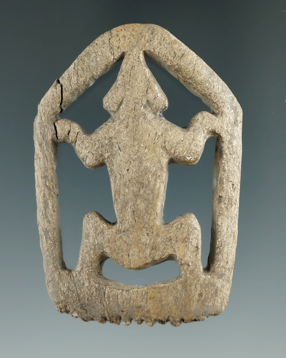 2 1/2" unique carved bone frog effigy found near the Genesee River, New York.