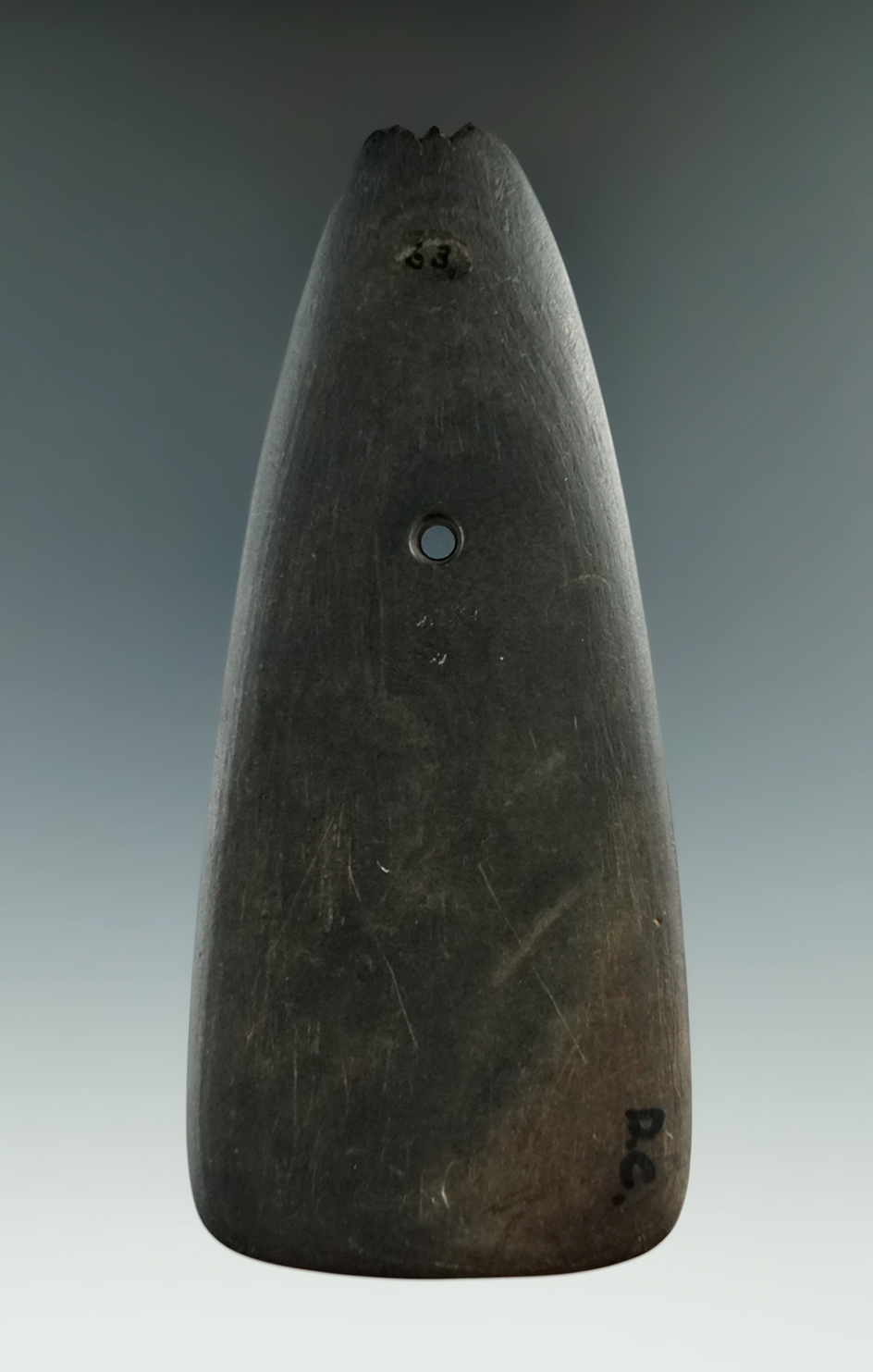 4 11/16" Trapezoidal fringed-top Pendant made from banded slate found in New York.
