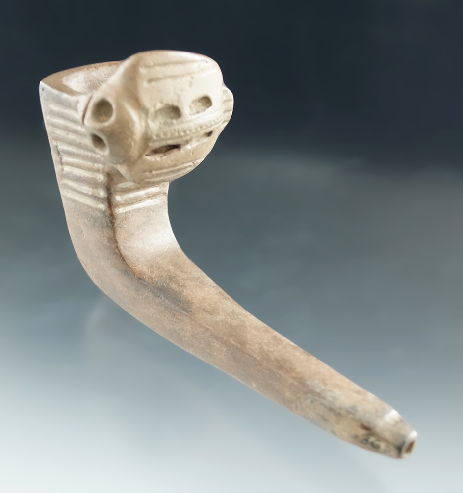 5" turtle effigy Iroquois clay pipe with partial restoration to the bowl and mended and repaired.