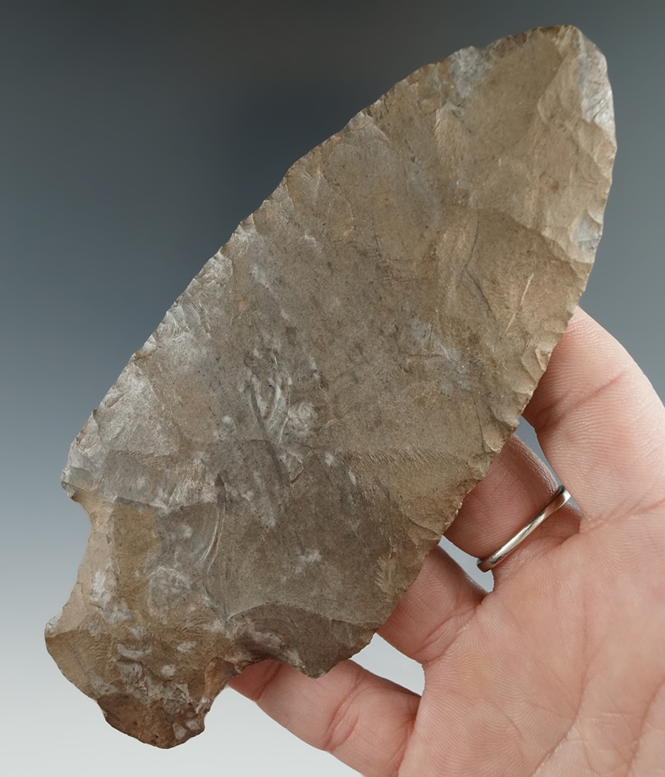 Large 5 1/4" Hopewell Knife made from Onondaga Flint found near Alden, Erie Co., New York.