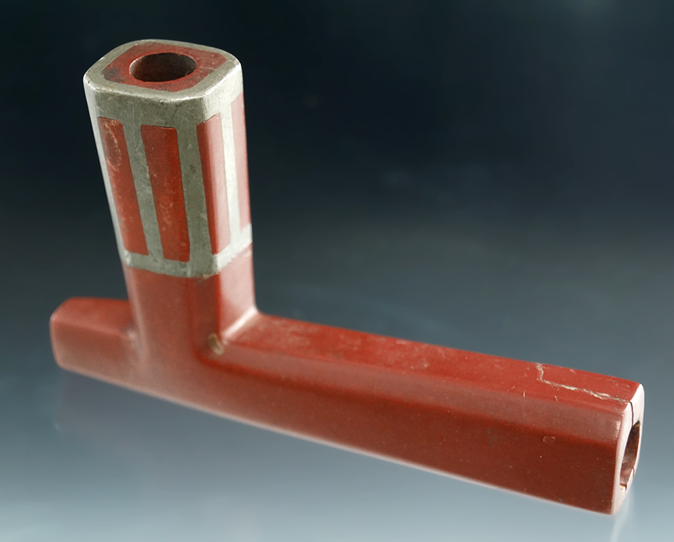 Well styled, heavily patinated, 5" long lead inlay Catlinite pipe from the Plains area.