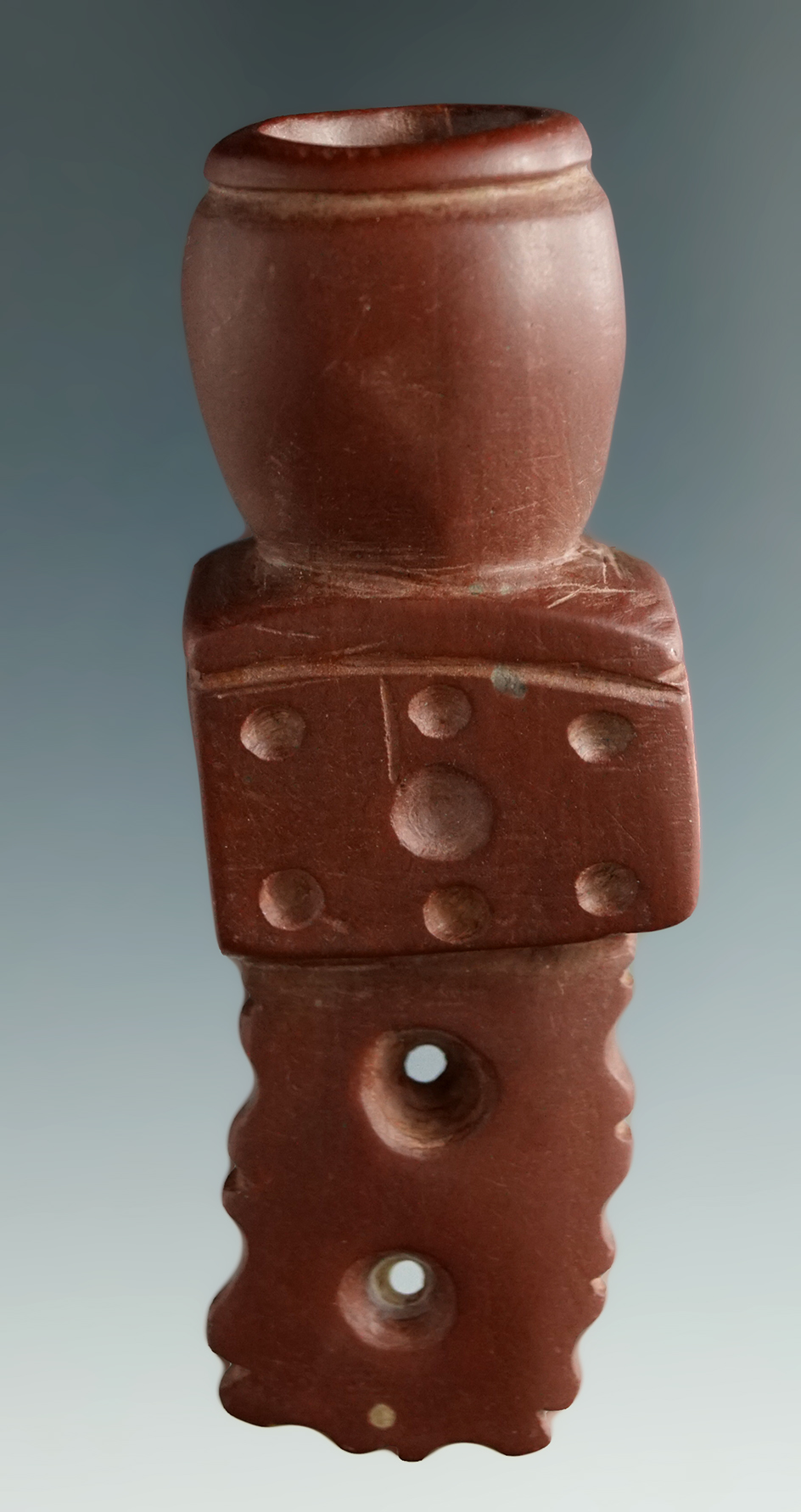 Highly decorated 3 5/16" Catlinite Mic Mac pipe found in Conestoga, Lancaster Co., Pennsylvania.