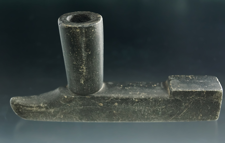 Excellent style on this 5 3/4" Steatite Pipe with a stylized squared tube section and round bowl.