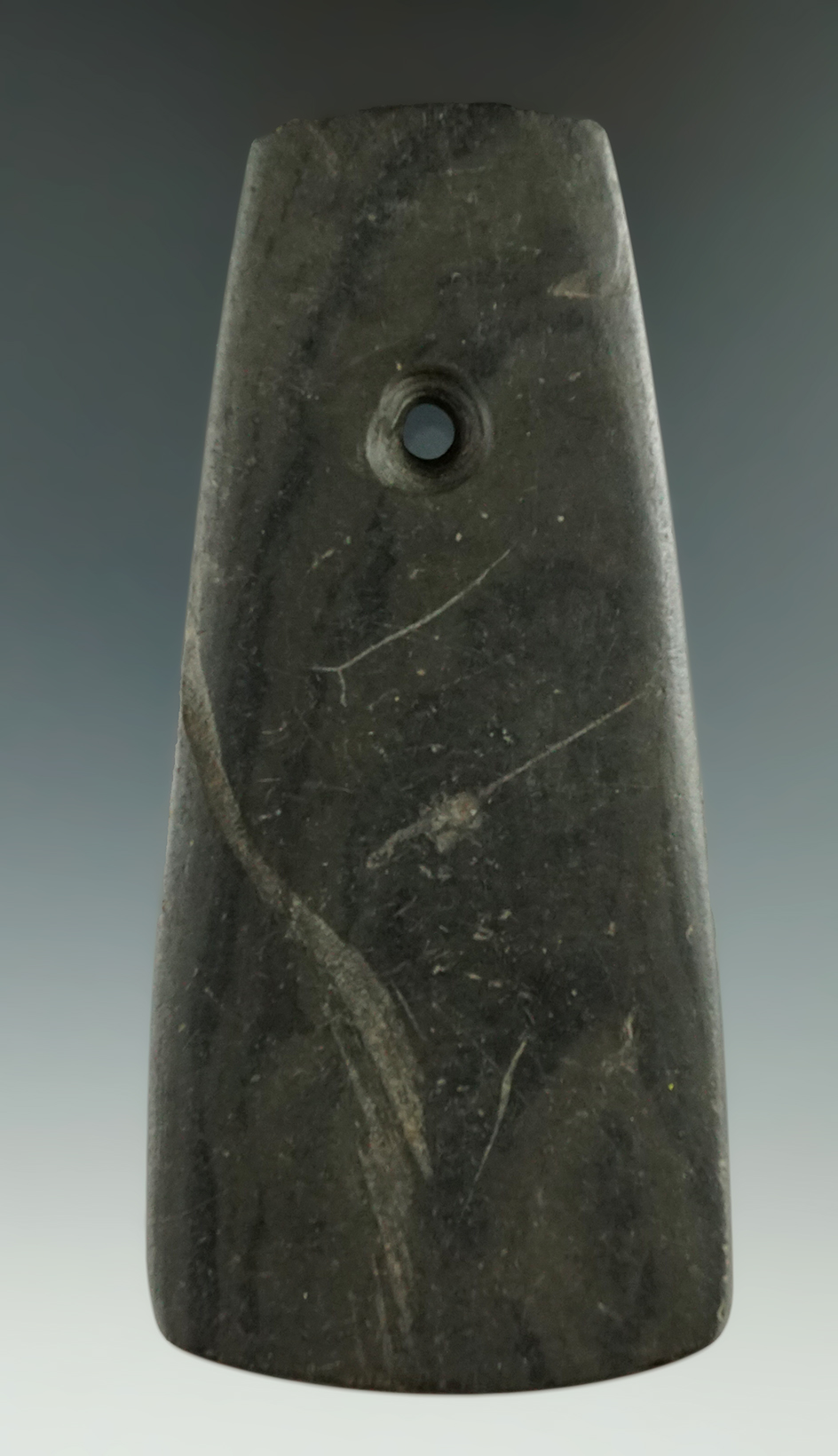 4 1/2" banded slate Trapezoidal Pendant found in Canesteo, New York.   Ex. Harry Arthur.