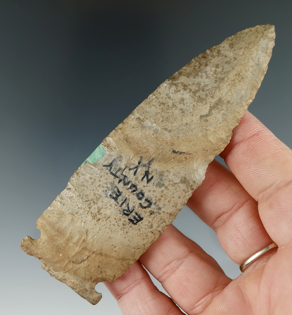 4 1/8" Sidenotch - restoration to blade ding and one corner of base. Found in Erie Co., New York.