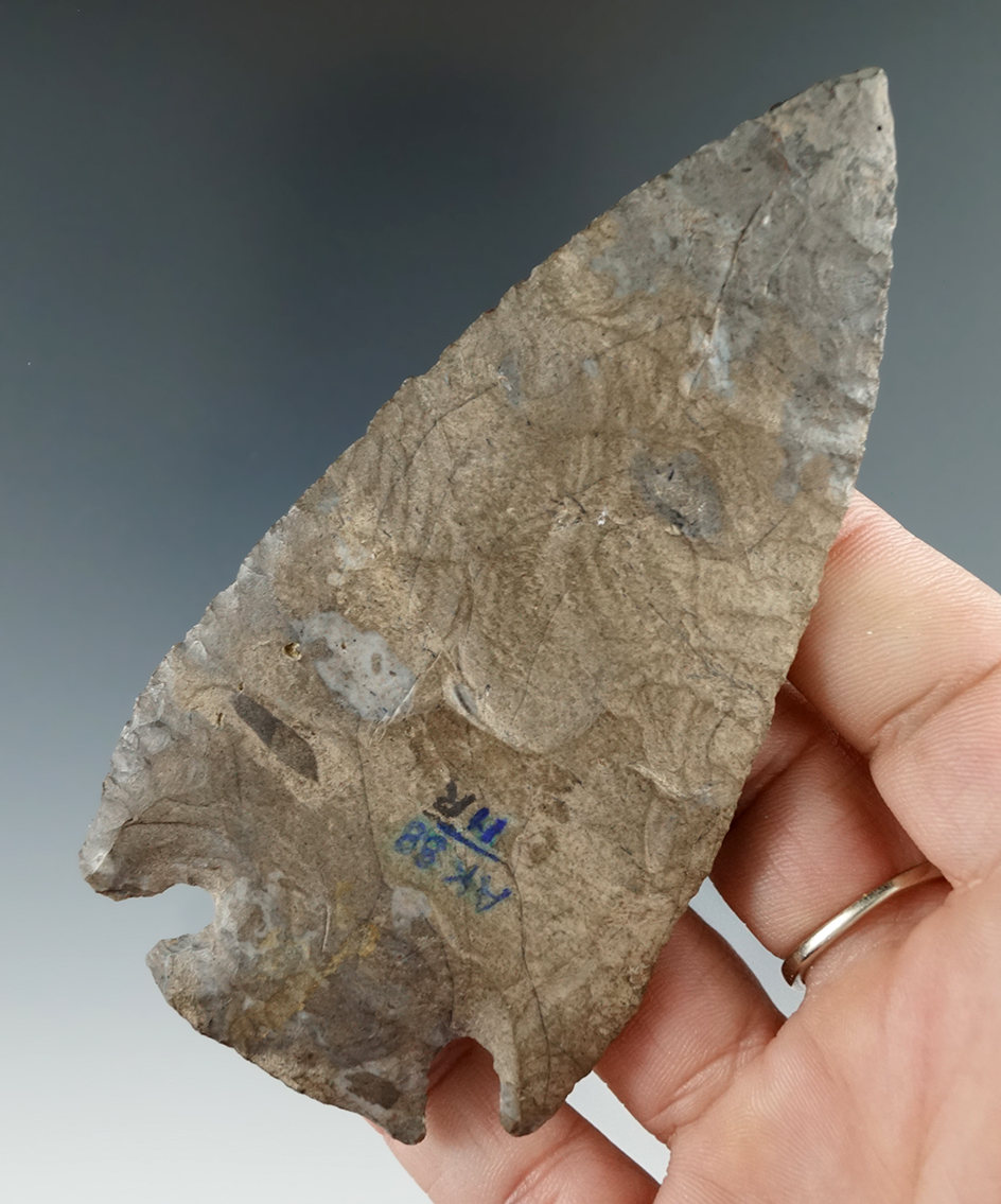 Excellent flaking and style on this 4 1/4" Pentagonal  Knife with restoration to 3/8" of tip - NY