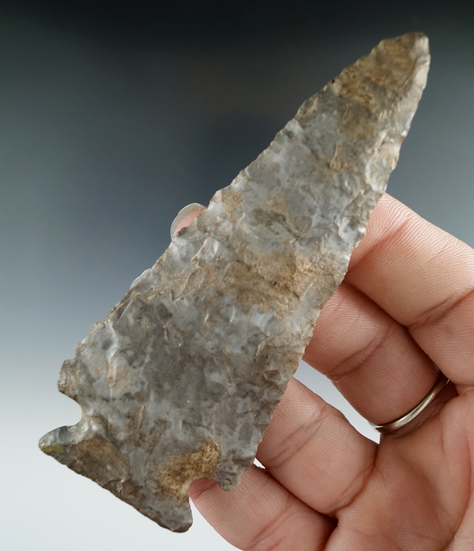 3 7/8" Stilwell - New York made from Onondaga Flint with restoration to one basal corner.