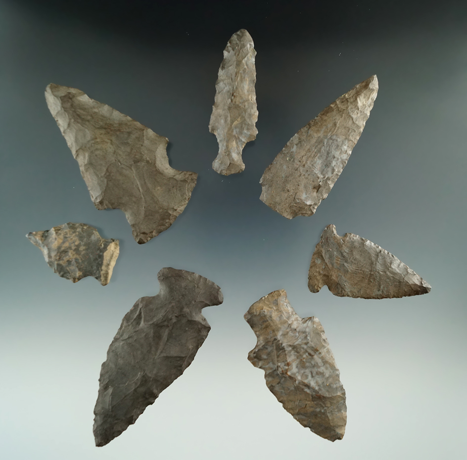 Group of seven assorted points and knives found in New York, largest is 3".