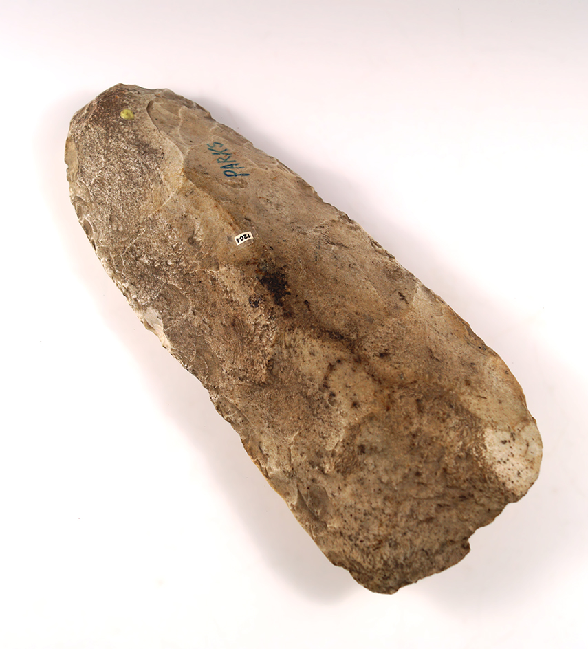 Large 10" Flint Spade with ancient rework to the bit area, found in Miami Co., Ohio. Ex. Parks.