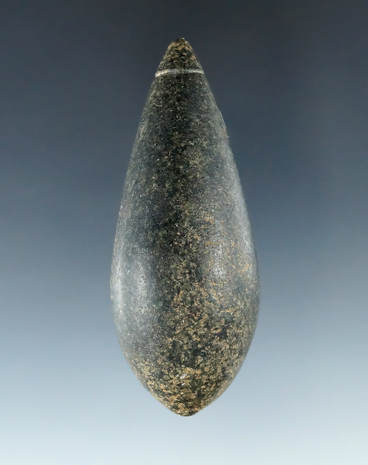 3" Hardstone Grooved Plummet found in Champaign Co., Ohio.