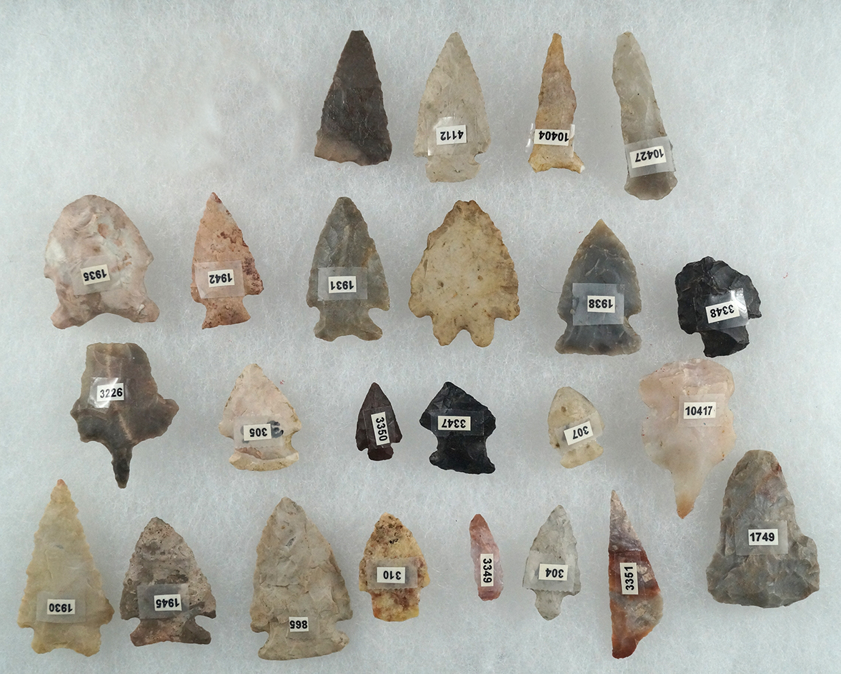 Set of 24 Assorted Flint Artifacts including Arrowheads, Scrapers and Drills, largest is 1 3/4".