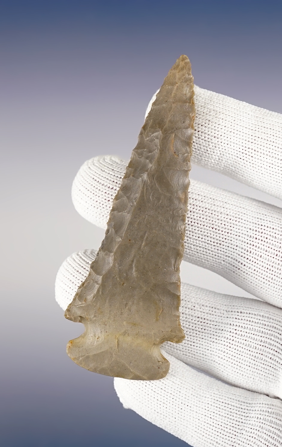 Classic 3 9/16" steeply beveled Dovetail found in Clinton Co., Illinois. Ex. Mitch Lewis. Dickey COA.