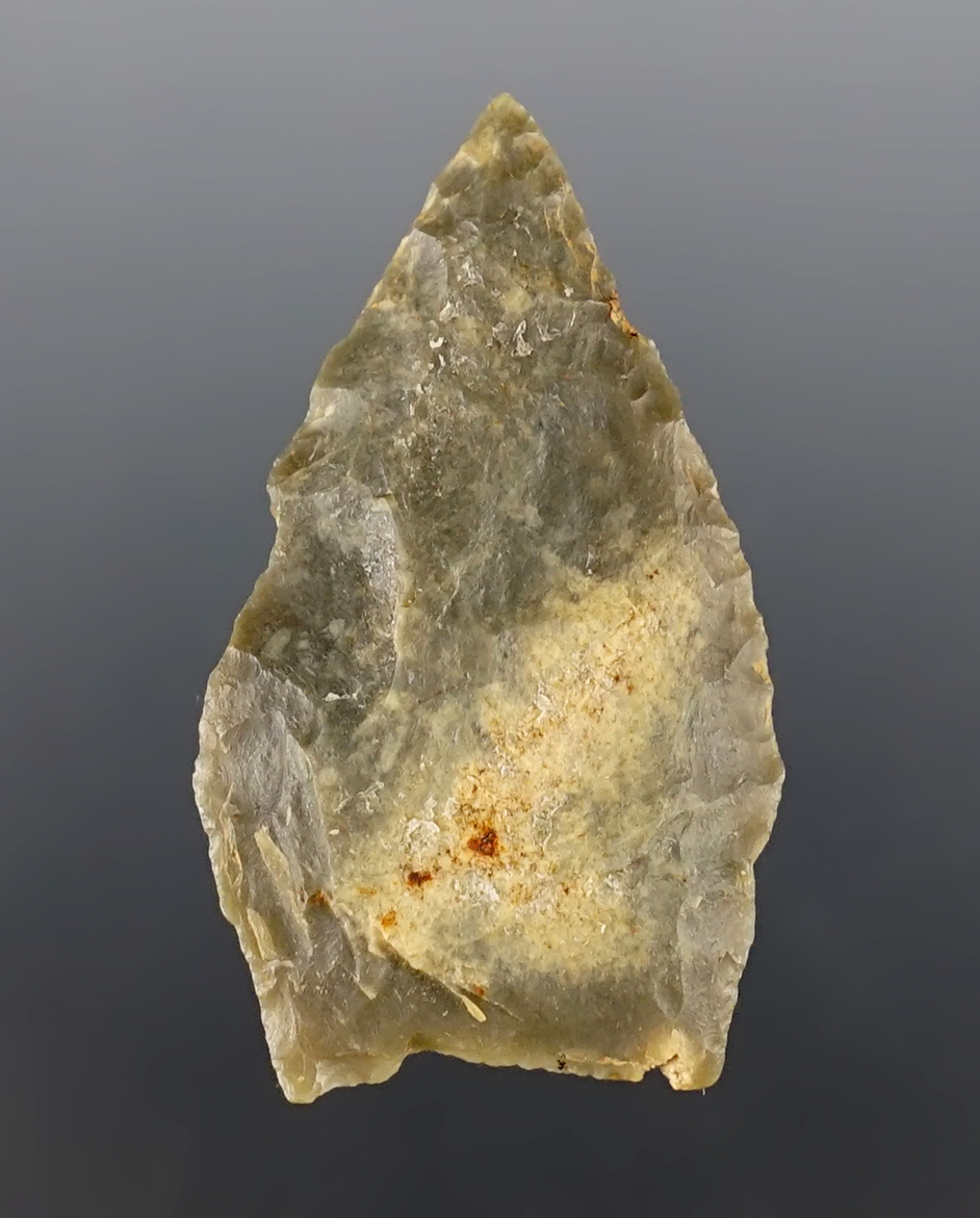 1 7/8" San Patrice made from glossy gray flint. Found in Southern Arkansas.