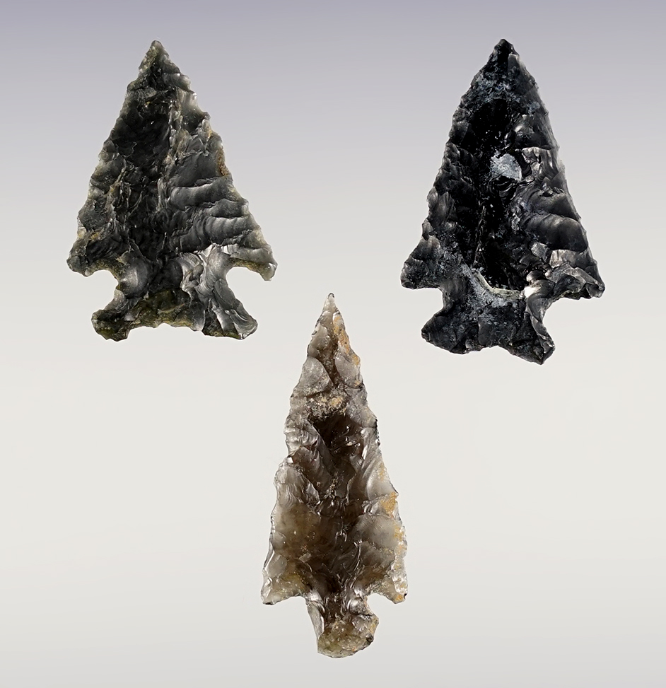 Set of 3 nice Obsidian points found in in the 1960's in Oregon. The largest is 1 7/16".
