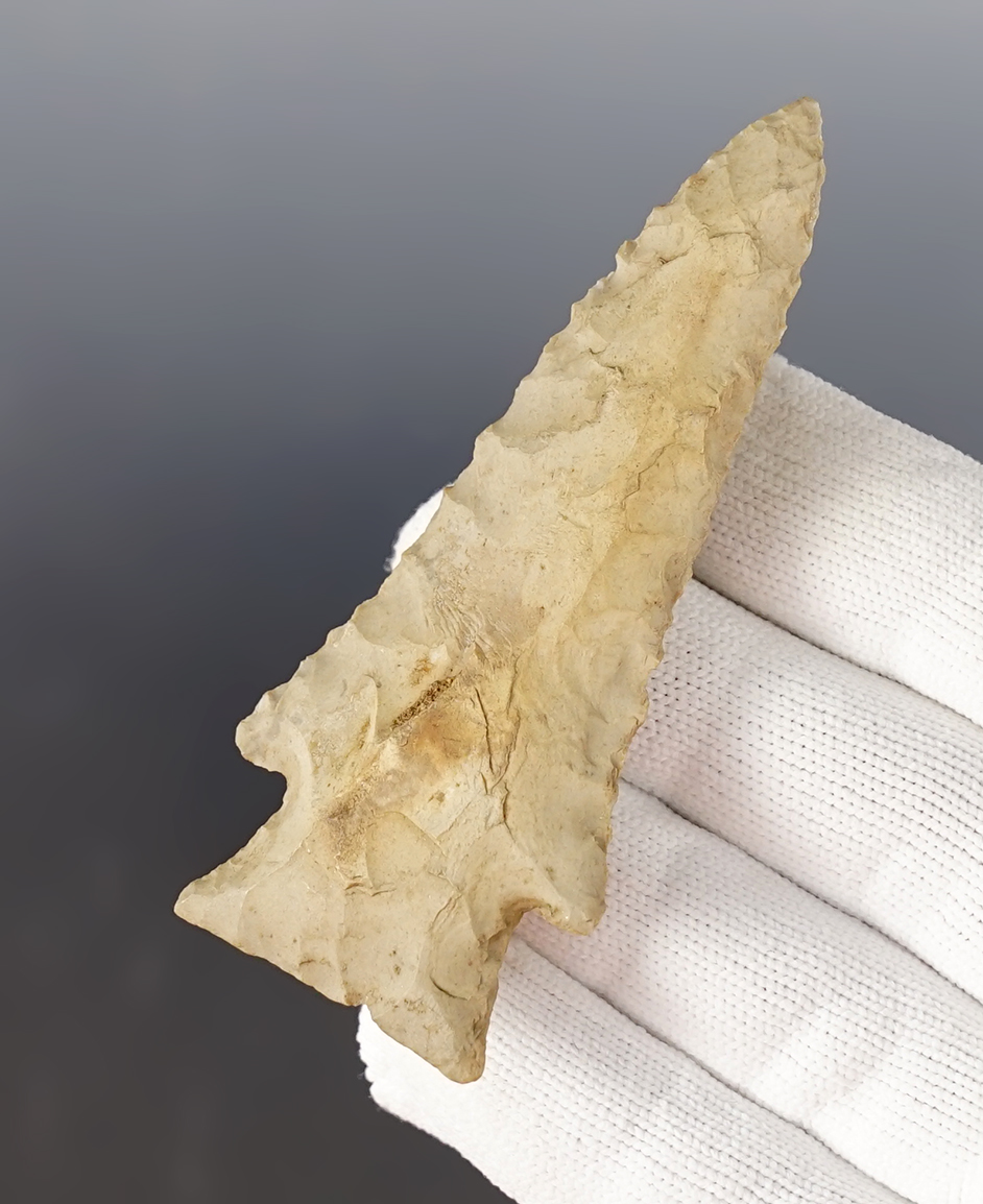 3 1/4" Hardin made from patinated chert. Found near the Buffalo River,  Marion, Co., Arkansas. 