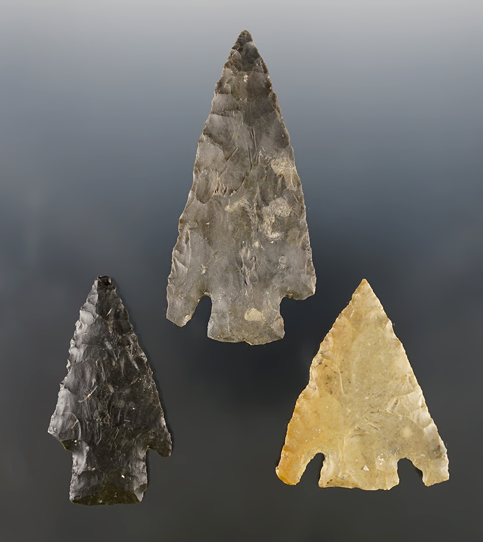 Set of 3 nice assorted Texas points. The largest is 3 1/8". Certificate of Museum Deaccession. 