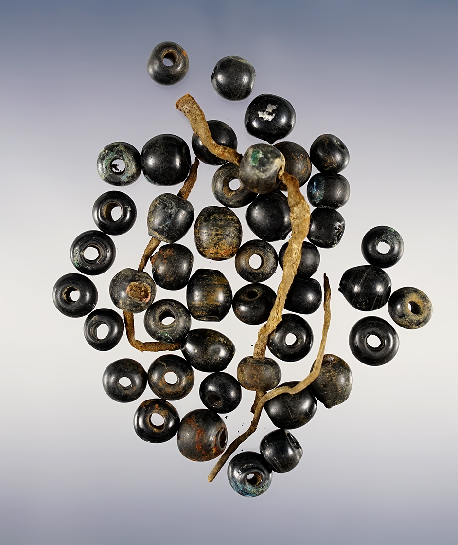 Set of 44 Black Wire Wound Beads with original leather. Townley-Read Site, New York. 
