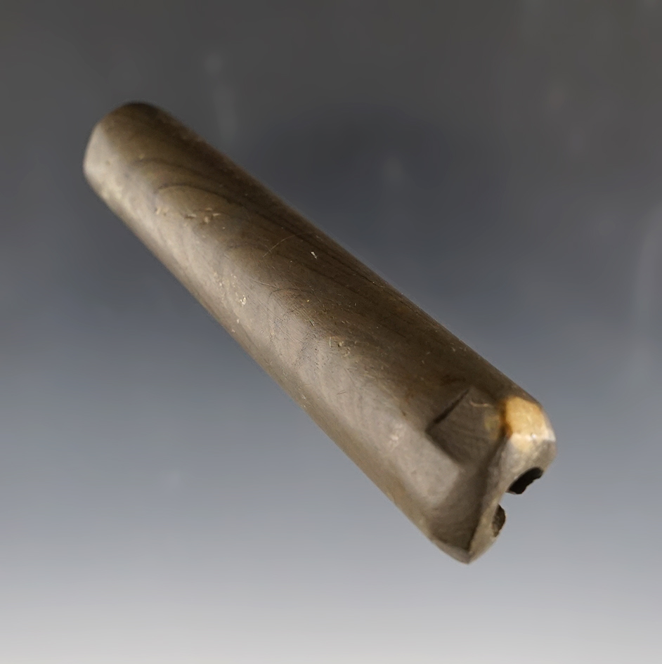 4 1/4" Tube Bannerstone made from patinated Banded Slate. Found in the Midwestern U.S.