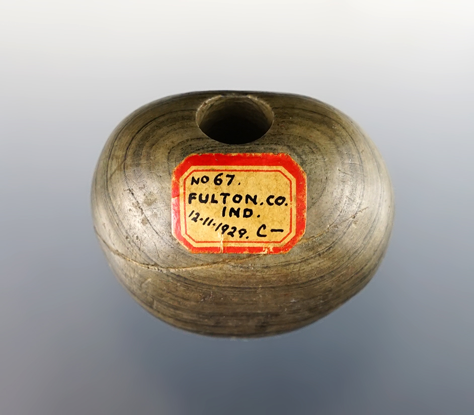1 7/8" Fluted Ball Bannerstone made from Glacial Slate. Found in Fulton Co., Indiana. 