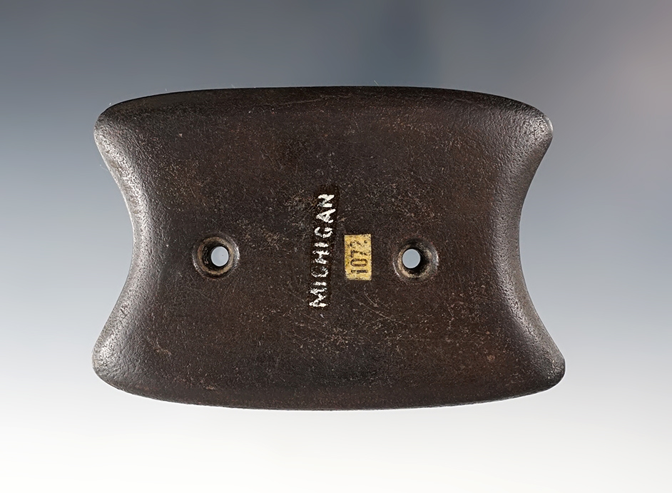 3 9/16" x 2 3/8" rare Michigan Hopewell Reel Gorget made from patinated brown Slate. Pictured!
