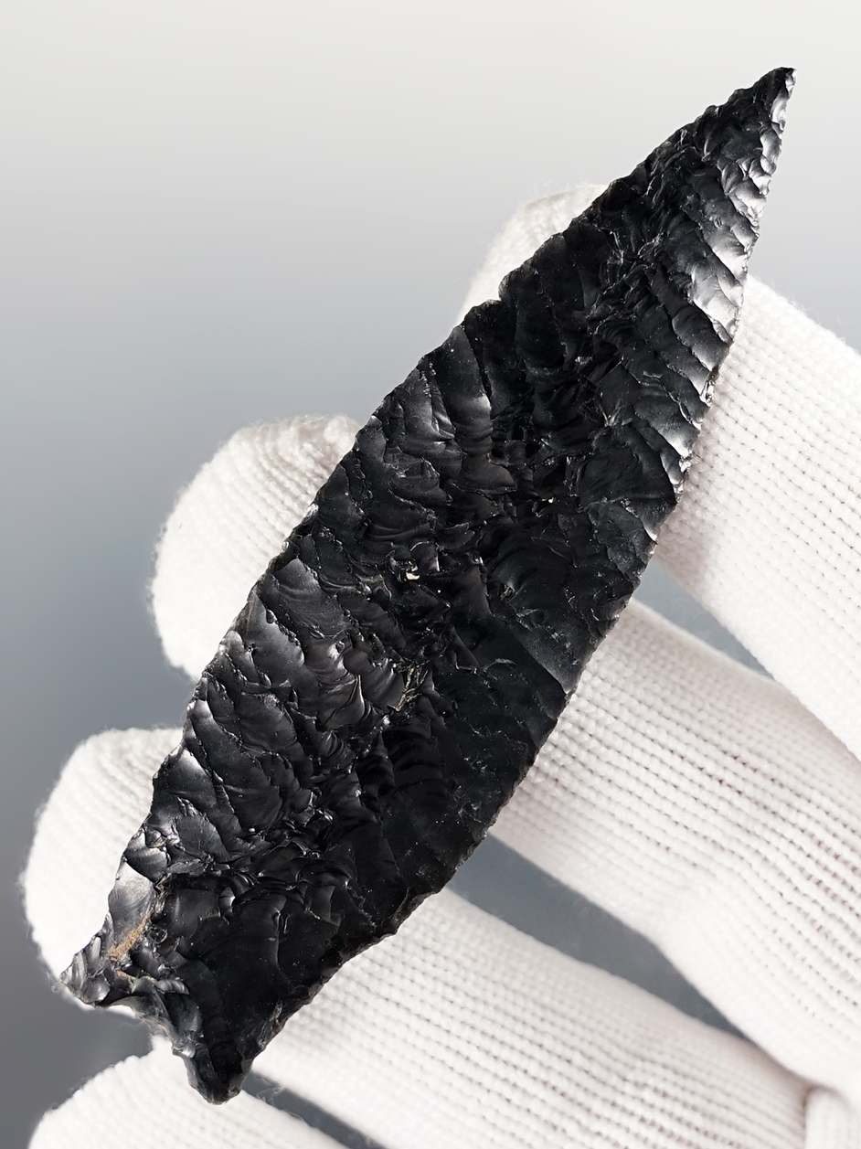 Rare and nice! 3 1/16" Pinto Basin Sloping Shoulder made from Obsidian, Harney Co., Oregon.