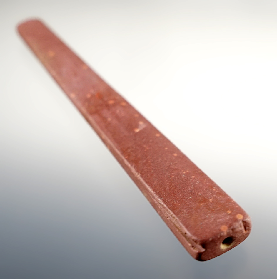 Exceptional 3 3/4" Trapezoidal Bead made from patinated Catlinite. Broken and glued, New York. 