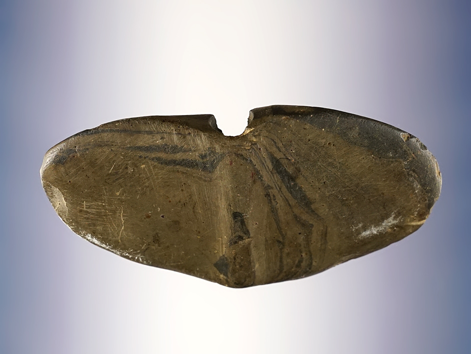 4 7/16" wide Wing Bannerstone found in Erie Co., Ohio. Small ancient blow out, displays well.