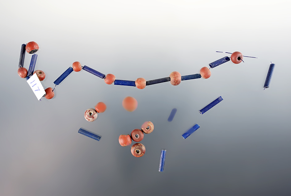 Set of Blue Straw and Redwood Round Beads found at the White Springs Site, Geneva, New York.