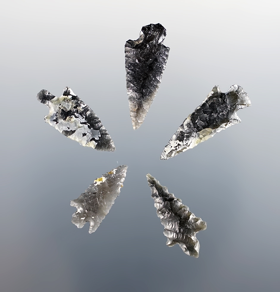Set of 5 Obsidian points found near the Columbia River, Oregon in the 1960's. The largest is 1".