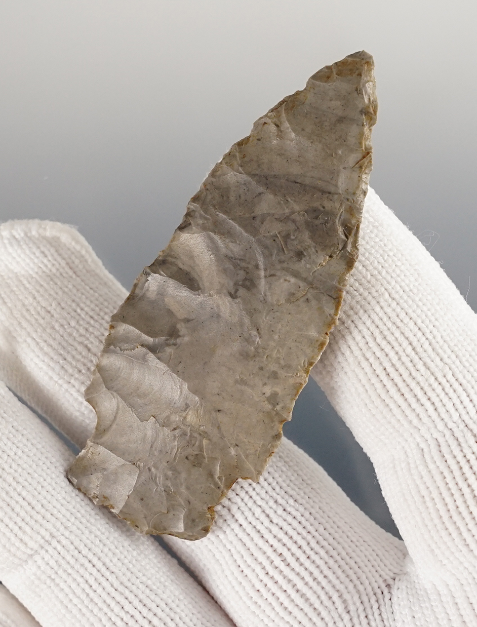2 1/2" Scottsbluff made from Mozarkite Flint. Found in Lafayette Co., Missouri. Motley COA.