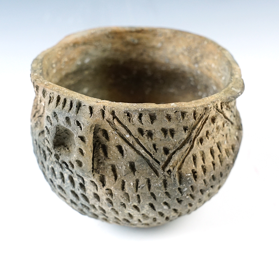 Solid 4 1/2" wide x 3" tall Barton incised and fully punctated Jar. Mississippi Co., Arkansas. 