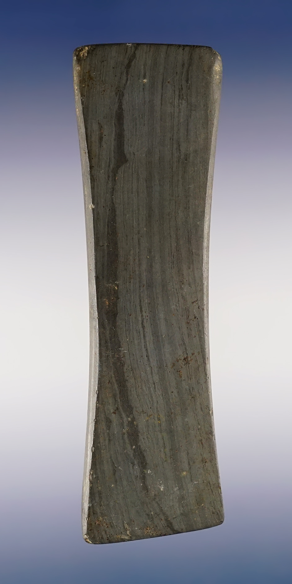 5 3/16" undrilled Pendant or Gorget made from Banded slate. Found in Auglaize Co., Ohio.