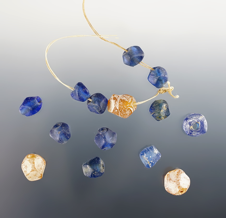 Set of 14 blue & amber Faceted Wire Wound Beads - White Springs Site in Geneva, New York.