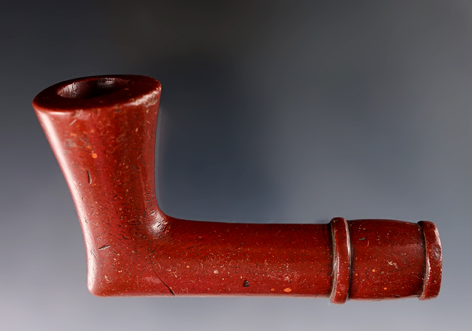 4" beautifully styled and heavily patinated Catlinite Pipe recovered in Wood Co., Ohio. Ex. Richie.