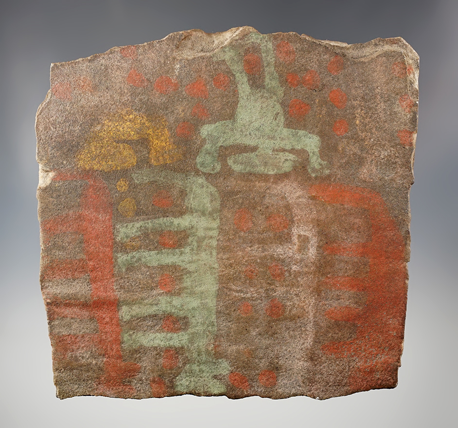 Very rare 5 1/4" x 5 1/4" pre-Columbian Inca Culture Terracotta Polychrome Plaque. COA. 