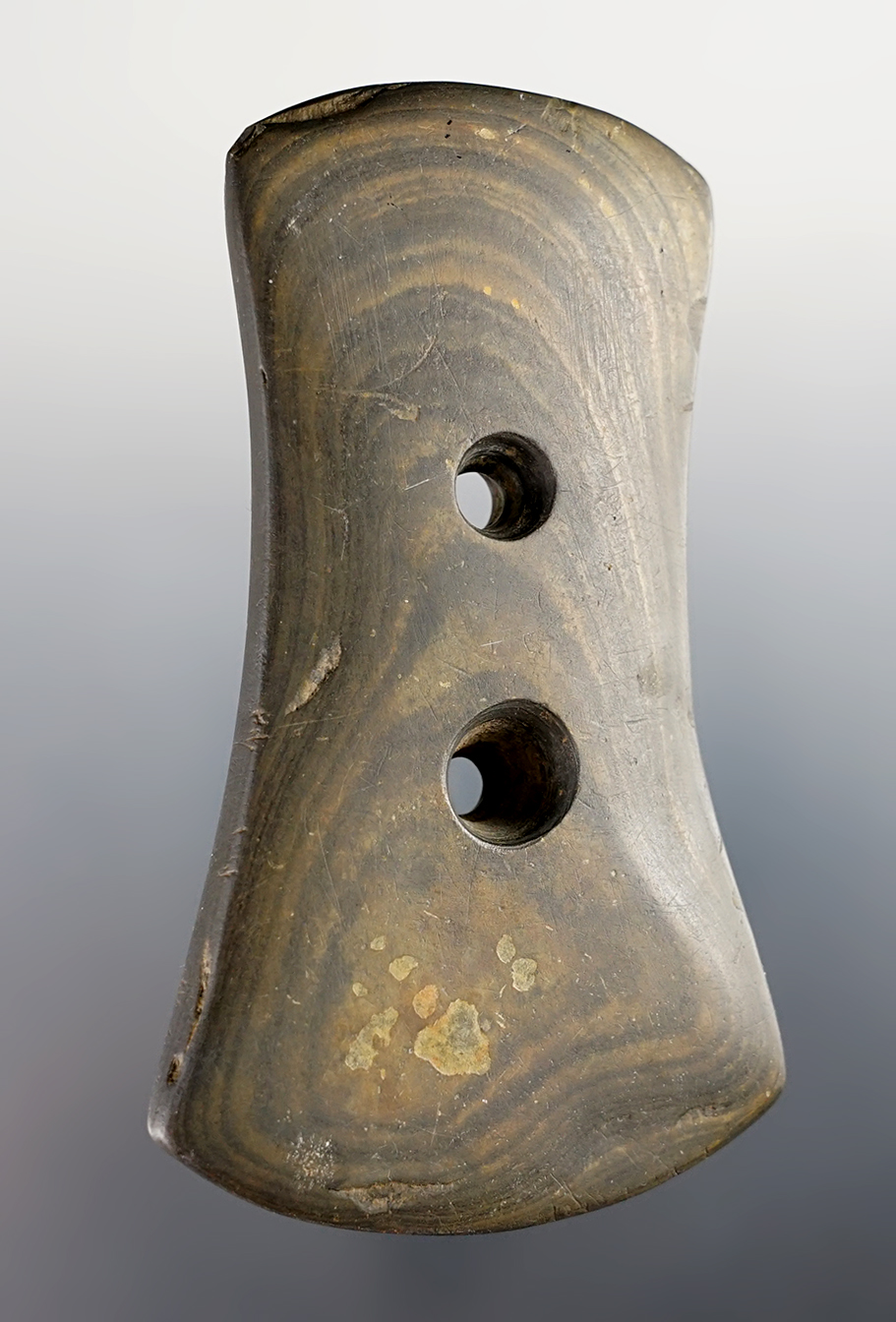 3 11/16" Bi-Concave Gorget found in Pickaway Co., Ohio. Ex. Mark Palantas. 