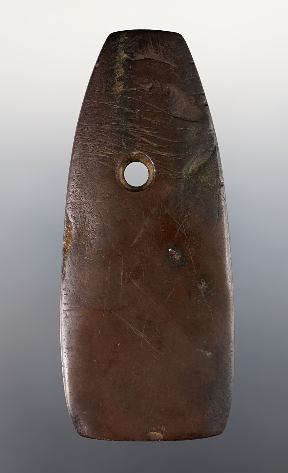 4" Trapezoidal Pendant that is well polished. Found in Jasper, Dubois Co., Indiana. Ex. Parks.