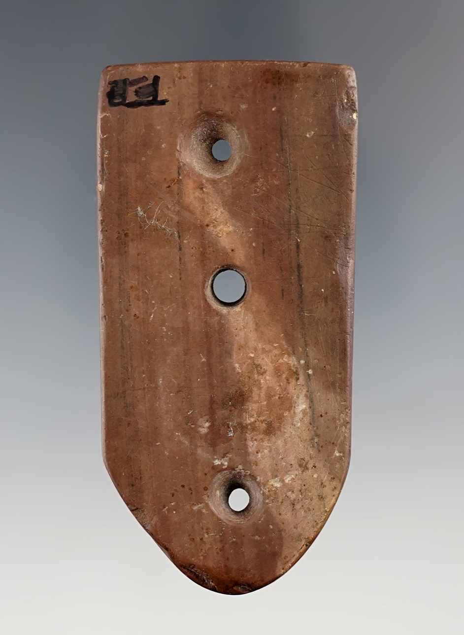 2 15/16" Three-Hole Gorget found in Ohio. Made from patinated Banded Slate. Ex. Falleti, Tiell, Cull.