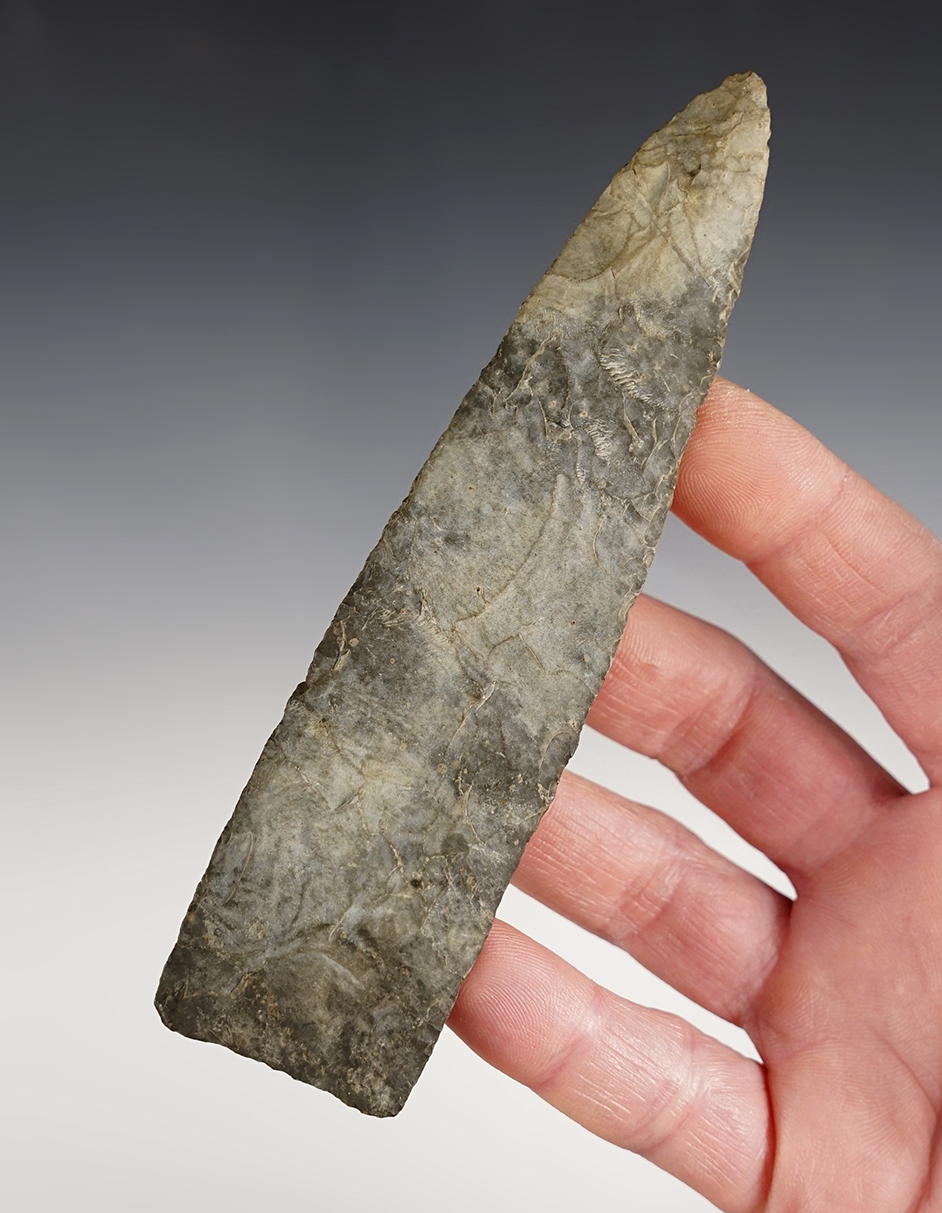 Thin & well made 5 1/4" Tennessee Paleo Lanceolate. Excellent grinding to the lower blade edges.