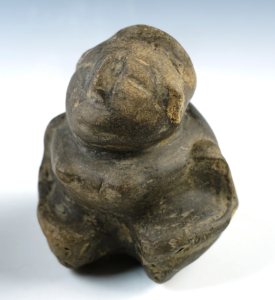 4" tall Miniature Mississippian Full Bodied Hooded Human Effigy Bottle, Missouri. Pictured. COA.