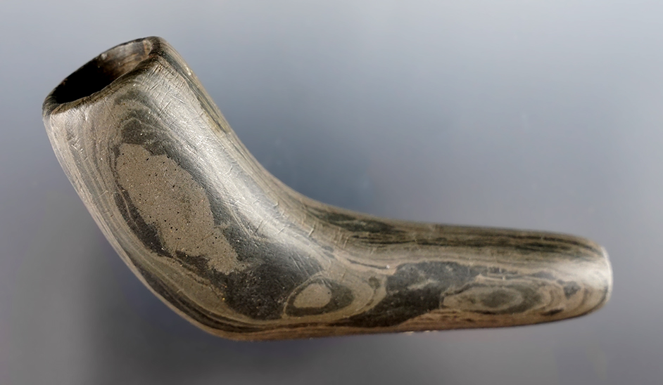 3 7/8" x 1 3/4" Banded Slate Elbow Pipe with excellent finish. Found in Northern Ohio. Ex. Eberle.
