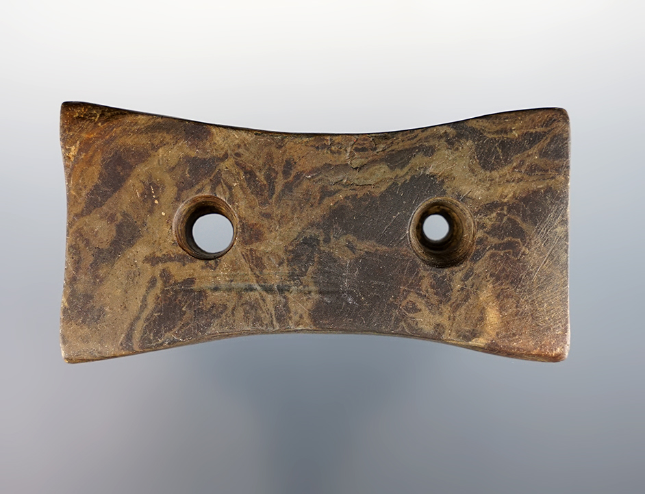 3 5/16" Quadriconcave Gorget made from brown and tan Banded Slate. Found in Ohio. Pictured.