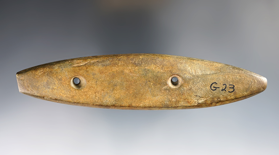 5 11/16" Bi-Pointed Gorget with slight ancient damage to one end. Deeply patinated. 