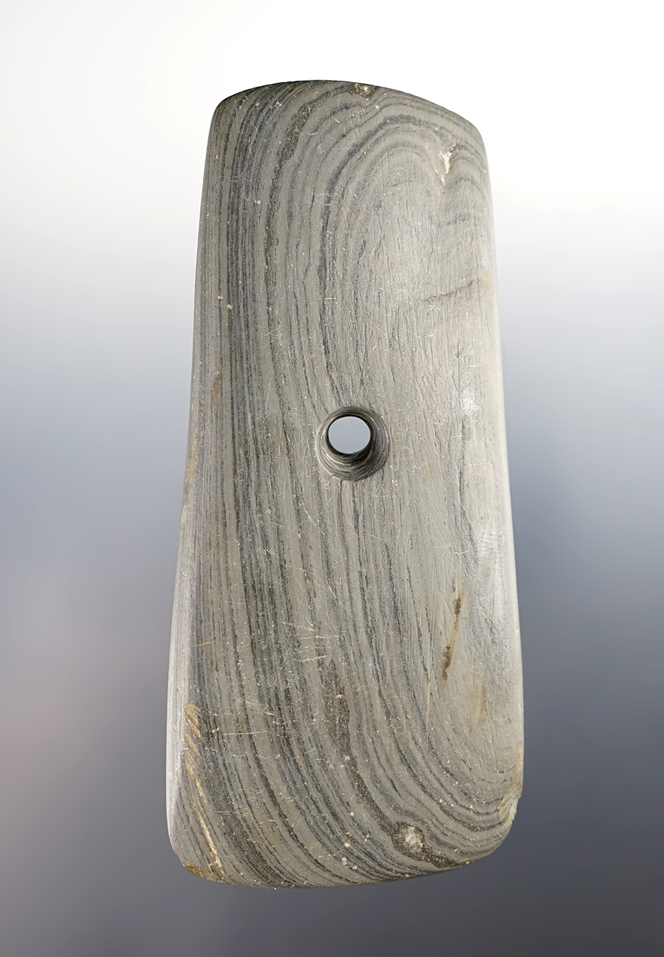 4 3/4" Trapezoidal Pendant made from Banded Slate. Found in Whitley Co., Indiana. Pictured!