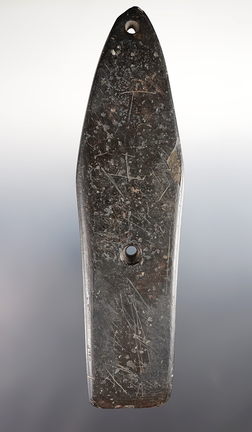 Well patinated 7 1/4" Glacial Kame Gorget found in Michigan. Made from black Slate. Bennett COA.