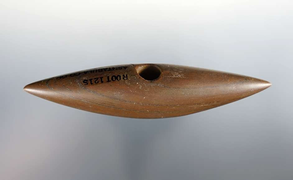 4 1/2" Archaic Pick Bannerstone made from Banded Slate. Found in Ashtabula Co., Ohio. Ex. Root.