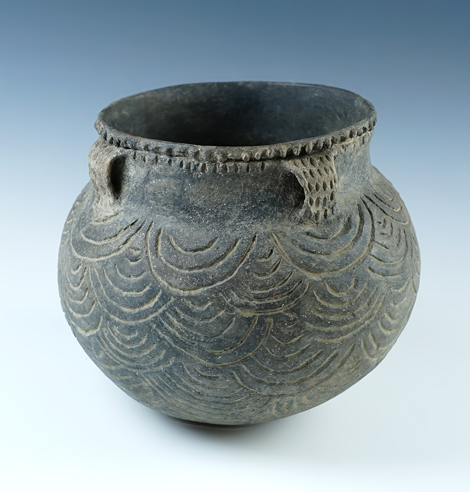 6 3/8" wide Mississippian Ranch Incised Jar with some restoration, Craighead Co., Arkansas. 